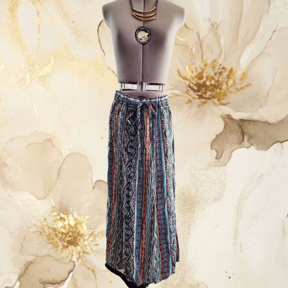 I.N. Studio Striped Boho Maxi Skirt in Teal, Rust, Navy and Cream